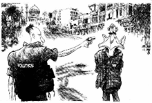 Cartoon of a man representing "politics"  pointing a gun at George W. Bush's head. A storefront sign says "Iraq".