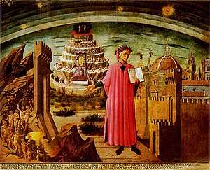 A man in red holds a book and indicates a muti-layered Hell behind him.