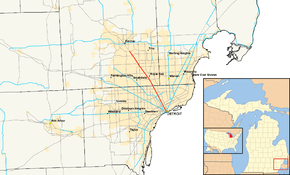 M-1 and Woodward Avenue runs north-northwesterly away from the Detroit River between Detroit and Pontiac in southeastern Michigan