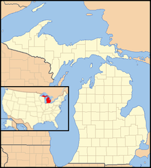 A map of the state of Michigan, with an inset showing the location of Michigan in the United States