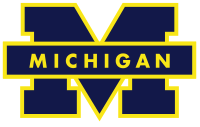 A blue block M with maize-colored borders and the word Michigan across the middle