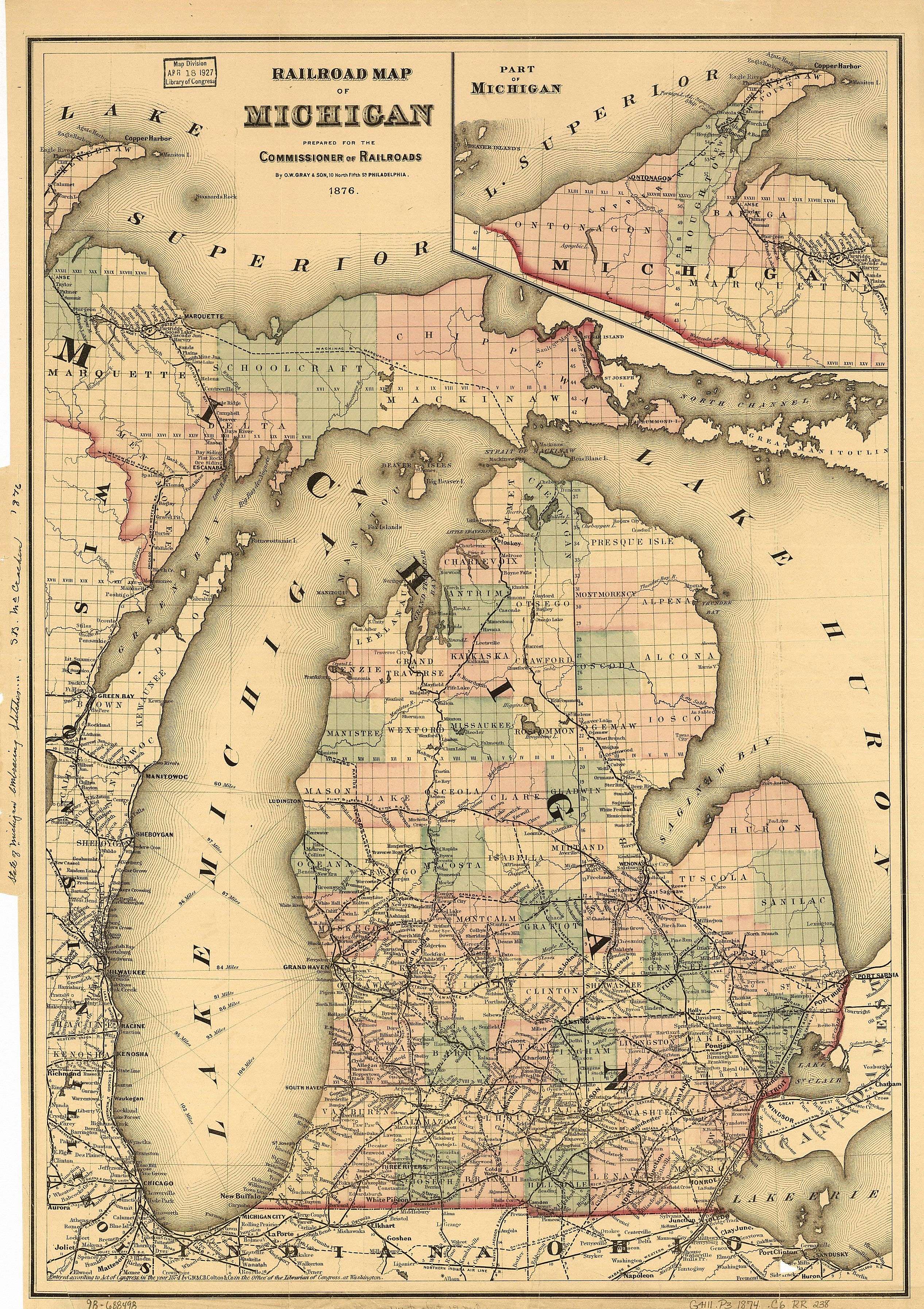 By 1876, the Grand Rapids and Indiana Railroad had built a line north to Petoskey. Petoskey became the county seat of Emmet County in 1902.