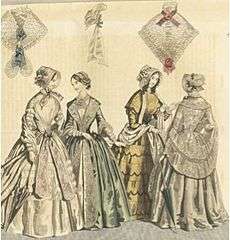 The mid-1840s saw day dresses featuring V-shaped necklines, which were covered by a chemise for decency. Skirt widths widened due to the horsehair petticoat, and extra flounces were added for emphasis and decoration.Funnel sleeves.