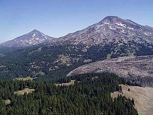 An aerial image displays Middle Sister on the left and South Sister to the right above the vegetation of the Three Sisters Wilderness.