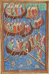 Colour photograph of folio 9v of the Miscellany on the Life of St. Edmund, showing sea-faring Danes invading England