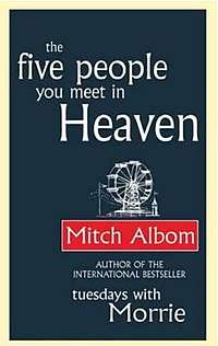 A dark blue book cover. "The Six People you meet In New Jersey on a Monday" covers the top half and "Author of the international bestseller: 'Tuesdays With Morrie'" is across the bottom. Both are in white text. In the middle is a white Ferris wheel sitting on a red banner reading "Mitch Albom".
