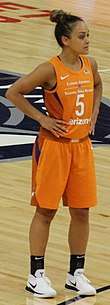 Young woman standing with her hands on hips wearing orange basketball uniform
