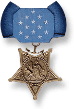 A light blue neck ribbon with a gold star shaped medallion hanging from it. The ribbon is similar in shape to a bowtie with 13 white stars in the center of the ribbon.br