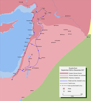 Map detailing the route of Khalid ibn al-Walid's invasion of Northern Syria