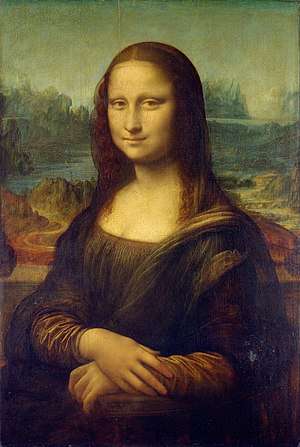 Painting is a portrait of a lady smiling subtly with her hands crossed. She has smooth, white skin and is centered against a landscape background.