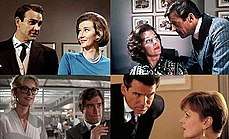 Sean Connery and Roger Moore alongside Lois Maxwell, Pierce Brosnan with Samantha Bond and Timothy Dalton with Caroline Bliss; an office filled with paintings is behind Connery, Moore and Brosnan, while a lab is behind Dalton