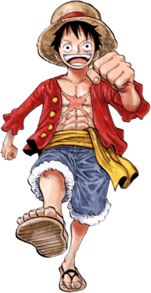 Monkey D. Luffy is wearing a red jacket with a straw hat, blue pants, and scandals.
