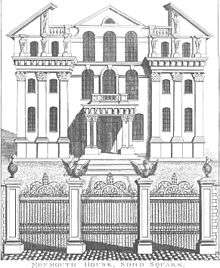 A black and white drawing of the facade of Monmouth House