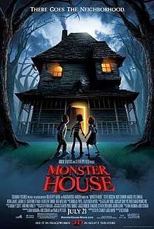 Film poster showing three children standing behind, watching the haunted house. A text "There goes the neighborhood." appears at the top of the poster, and the title and the names of the cast and crew appears at the bottom of the poster.