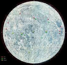 A representation of the Moon, with a cluster of green triangles indicating the Apollo landing sites
