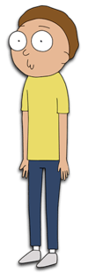 A teenage boy wearing blue pants and a yellow T-shirt. He has a distressed look on his face and a w-shaped mouth.