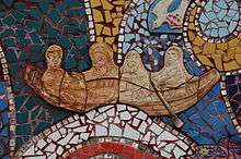 Mosaic from Bangor harbour depicting St Comgall and other monks.