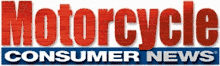Magazine logo with word "motorcycle" in large red letters and words "consumer news" in smaller white capital letters on a blue background