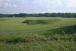 A view of the Moundville Archaeological Site from the top of Mound B looking toward Mound A and the plaza.