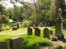 A wooded cemetery view with headstones and other memorials. A road is visible in the distance.