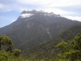 Mountain with a rocky top and forested slopes. There is a narro high waterfall on one side of the mountain slope.