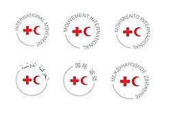 Circles with red crosses and crescents inscribed and the words "international movement" written in Arabic, Chinese, English, French, Russian, and Spanish