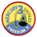 The circular patch depicts a Mercury capsule and a map of Florida, indicating the ballistic path of the capsule into the Atlantic Ocean. The words say: "Mercury 3 – Shepard – Freedom 7"