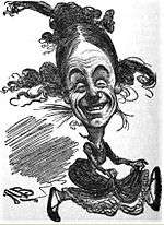 Cartoon style drawing of a man in woman's clothing smiling broadly at the viewer