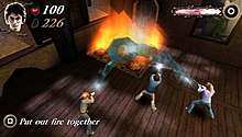 The multiplayer component. In this screenshot, three players control the three protagonists casting a spell.
