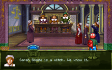 A screenshot from the DOS version of Museum Madness showing the player character and MICK the robot at the "Salem Witch Trials" museum exhibit.