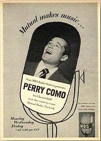 Photograph of Perry Como singing, superimposed on an illustration of a microphone and accompanied by advertising copy, including the slogan "Mutual makes music&nbsp;...".