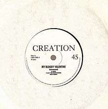 A black 7-inch record in a plain white sleeve. Centred black text reads "Creation My Bloody Valentine Instrumental".