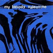 A warped black and blue image of four musicians. White lowercase text above reads "my bloody valentine".