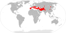 Map showing distribution of species from southern Europe east into the western Himalayas