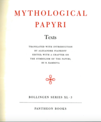 Page from a book which reads Mythological Papyri in large text