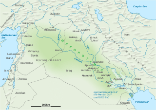 Map depicting ancient Mesopotamian region overlayed with modern landmarks in Iraq and Syria.