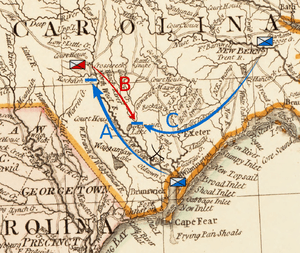 Moore moves from Wilmington, in the southeast of the state, northwest toward Cross Creek in the south-central part of the state.  Caswell moves south from New Bern, inland from the middle of the North Carolina coast, toward Corbett's Ferry.  MacDonald moves over the Cape Fear River and then southeast toward Corbett's Ferry.