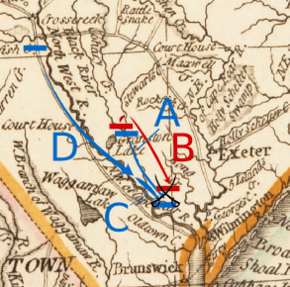Caswell moves south from Corbett's ferry to Moore's Creek.  Lillington and Ashe move south-southeast from Cross Creek to Moore's Creek along the Cape Fear River.  Moore follows Lillington and Ashe, but does not reach Moore's Creek.