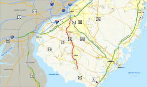 A map of southern New Jersey showing major roads and places. Route&nbsp;55 connects Route&nbsp;47 in the south, heading up through Vineland and Glassboro to Route&nbsp;42 south of Camden
