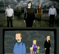 Screen captures of National Organization for Marriage and No on Infinity advertisements both featuring individuals facing a camera with gray storm clouds in the background