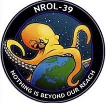 A mission badge of an octopus spanning the world against a starry background, labelled "NROL-39" and "Nothing is beyond our reach"