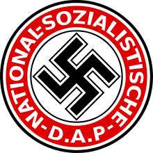 Nazi Party logo, with black swastika surrounded by white lettering on red ring