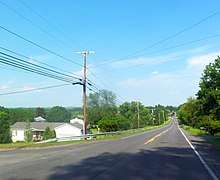 A road in a rural landscape beneath a blue sky, dropping down slightly below the camera and continuing straight for a great distance, with telephone poles and an intersecting road at its left