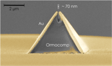 False-color SEM image of the Campanile near-field probe fabricated on the edge of an optical fiber using nanoimprint