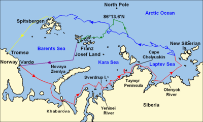 The eastern Arctic Ocean, including the Barents, Kara, and Laptev Seas, showing the area between the North Pole and the Eurasian coast. Significant island groups (Spitsbergen, Franz Joseph Land, Novaya Zemlya, New Siberian Islands) are indicated.