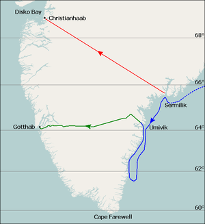 Southern Greenland (below 70°N), showing, on the west coast, Christianhaab and Godthaab, on the east coast Sermilik and Umivik. Cape Farewell is indicated at the southernmost tip of the land. Coloured lines depict the journeys of Nansen's party, real and projected, by foot and boat.