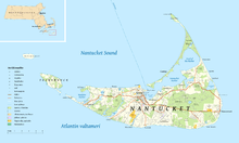 A map of the island of Nantucket pointing out various landmarks and geographic features.