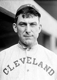 A black-and-white photograph of a man in an old-style white baseball jersey reading "Cleveland" across the chest and dark cap