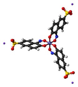 Ball-and-stick model of the Naphthol Green B molecule, sodium salt