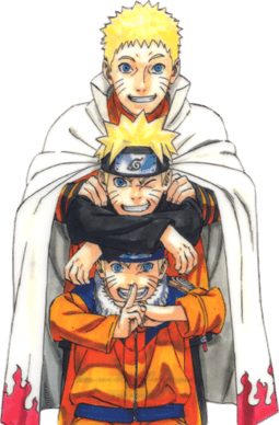 Naruto Uzumaki: Part I, Part II and adult wearing his regular orange jumpsuit